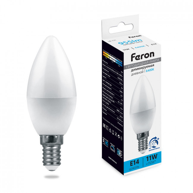 Лампа светодиодная диммируемая Feron LB-771 Свеча E14 11W 230V 6400K, артикул FERON 51057