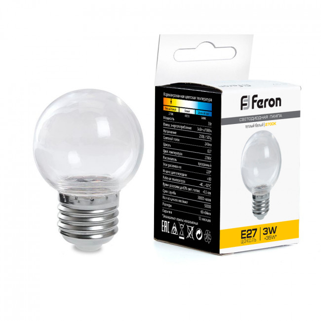 Лампа светодиодная Feron LB-371 Шар E27 3W 230V 2700K прозрачный, артикул FERON 38121