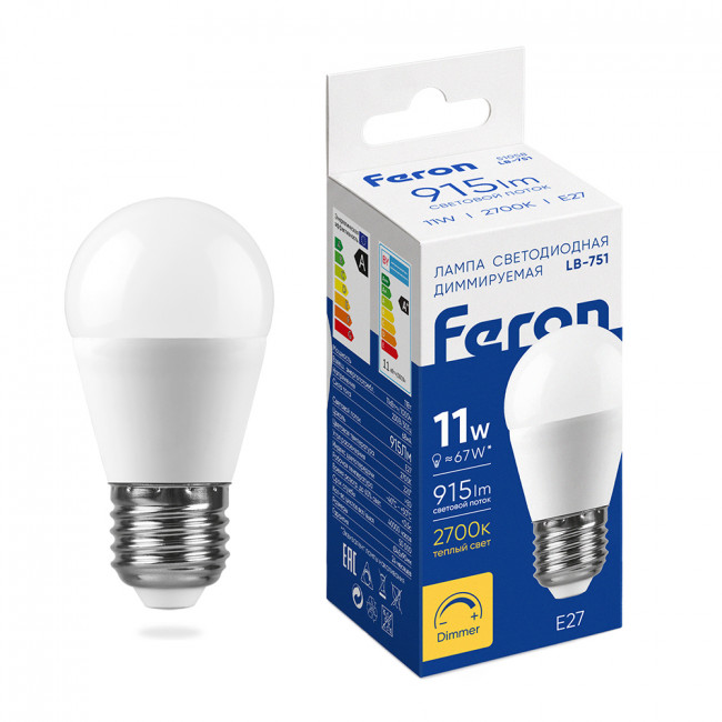 Лампа светодиодная диммируемая Feron LB-751 Шарик E27 11W 230V 2700K, артикул FERON 51058