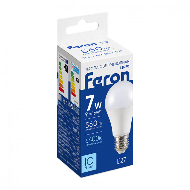 Лампа светодиодная Feron LB-91 Шар E27 7W 175-265V 6400K, артикул FERON 25446 Лампа светодиодная Feron LB-91 Шар E27 7W 175-265V 6400K, артикул FERON 25446