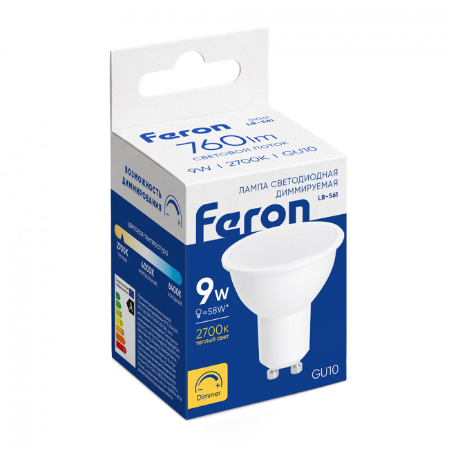 Лампа светодиодная диммируемая Feron LB-561 MR16 GU10 9W 230V 2700K, артикул FERON 51061 Лампа светодиодная диммируемая Feron LB-561 MR16 GU10 9W 230V 2700K, артикул FERON 51061