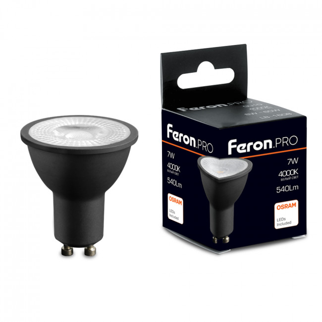 Лампа светодиодная Feron.PRO LB-1607 GU10 7W 175-265V 4000K в черном корпусе, артикул FERON 48957 Лампа светодиодная Feron.PRO LB-1607 GU10 7W 175-265V 4000K в черном корпусе, артикул FERON 48957