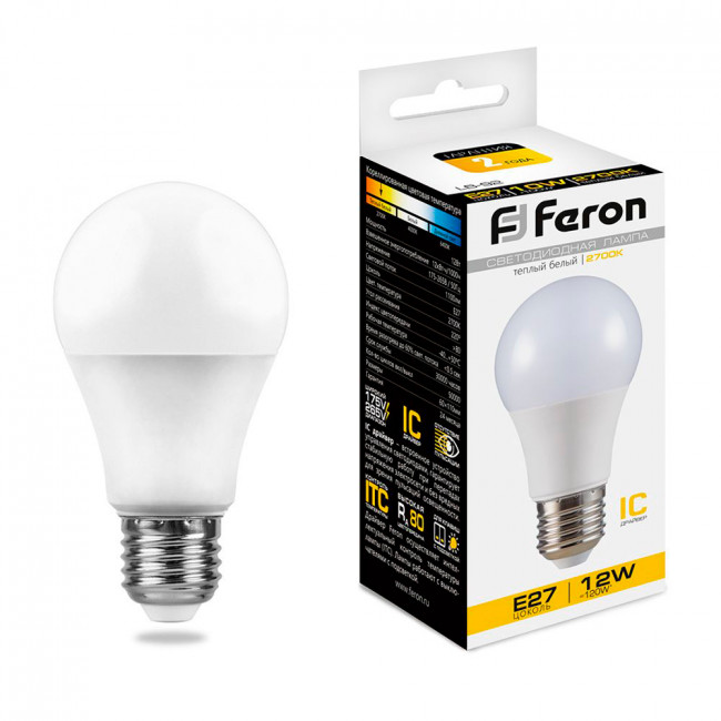 Лампа светодиодная Feron LB-93 Шар E27 12W 175-265V 2700K, артикул FERON 25489