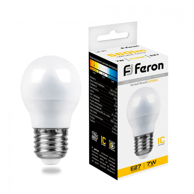 Лампа светодиодная Feron LB-95 Шарик E27 7W 175-265V 2700K, артикул FERON 25481 Лампа светодиодная Feron LB-95 Шарик E27 7W 175-265V 2700K, артикул FERON 25481