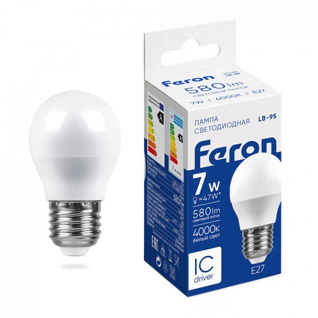 Лампа светодиодная Feron LB-95 Шарик E27 7W 175-265V 2700K, артикул FERON 25481 Лампа светодиодная Feron LB-95 Шарик E27 7W 175-265V 2700K, артикул FERON 25481