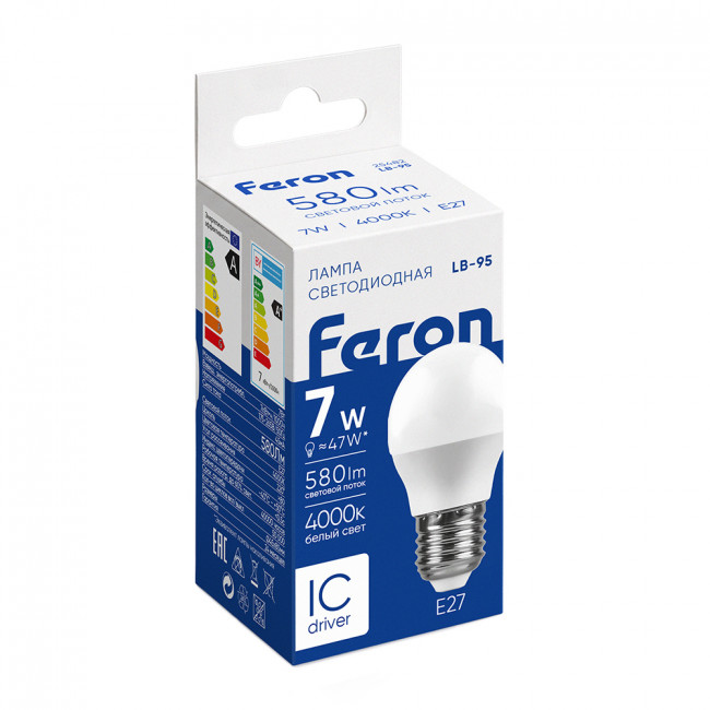 Лампа светодиодная Feron LB-95 Шарик E27 7W 175-265V 2700K, артикул FERON 25481 Лампа светодиодная Feron LB-95 Шарик E27 7W 175-265V 2700K, артикул FERON 25481
