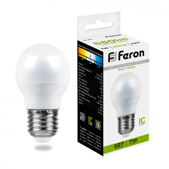 Лампа светодиодная Feron LB-95 Шарик E27 7W 175-265V 4000K, артикул FERON 25482