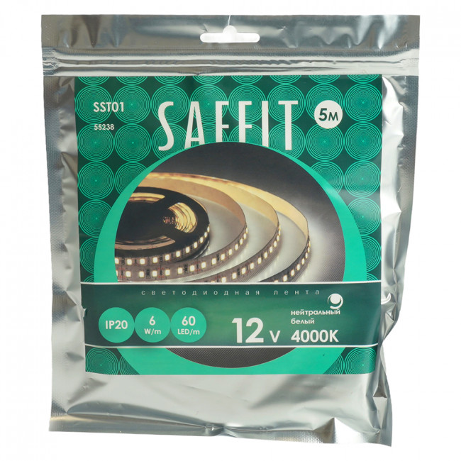 Лента светодиодная SST01 SAFFIT 60SMD(2835)/m 6Вт/м 12V 5000*8*1.22мм 4000K, IP20, артикул SAFFIT 55238 Лента светодиодная SST01 SAFFIT 60SMD(2835)/m 6Вт/м 12V 5000*8*1.22мм 4000K, IP20, артикул SAFFIT 55238