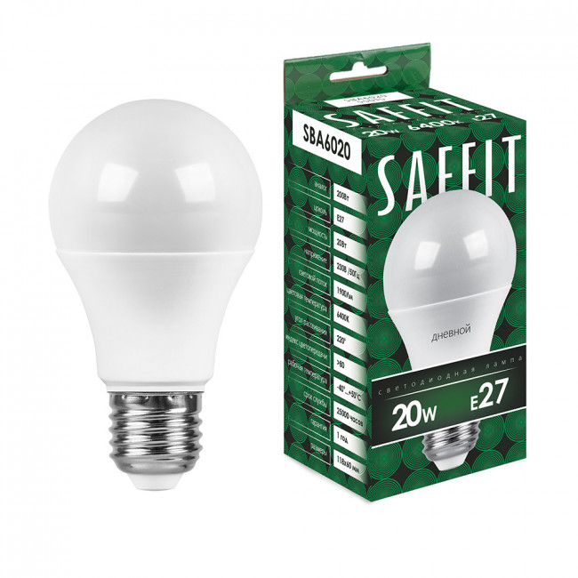 Лампа светодиодная SAFFIT SBA6020 Шар E27 20W 230V 6400K, артикул SAFFIT 55015