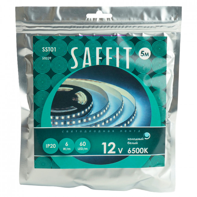 Лента светодиодная SST01 SAFFIT 60SMD(2835)/m 6Вт/м 12V 5000*8*1.22мм 6500K, IP20, артикул SAFFIT 55239