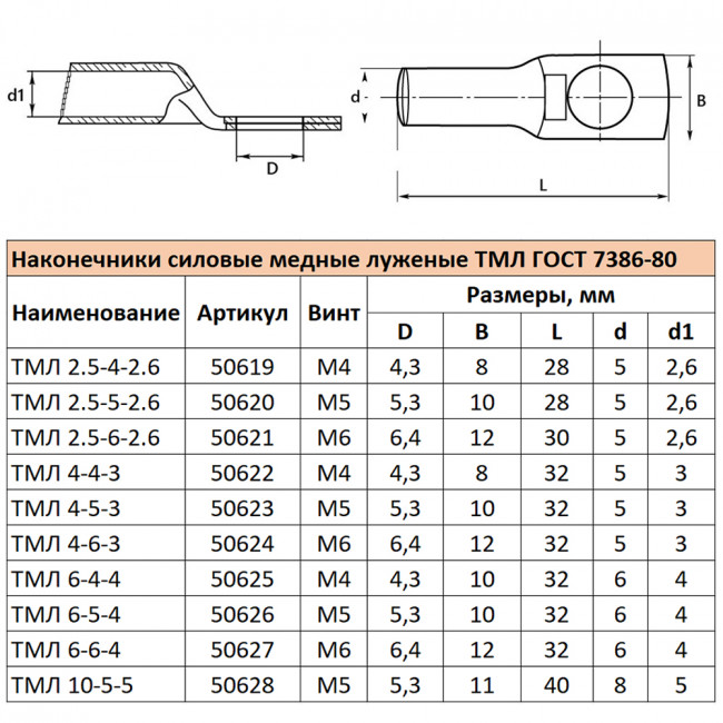 LD-TML-6-6-4 Наконечник медный луженый ТМЛ 6-6-4 ГОСТ 7386-80, артикул STEKKER 50627