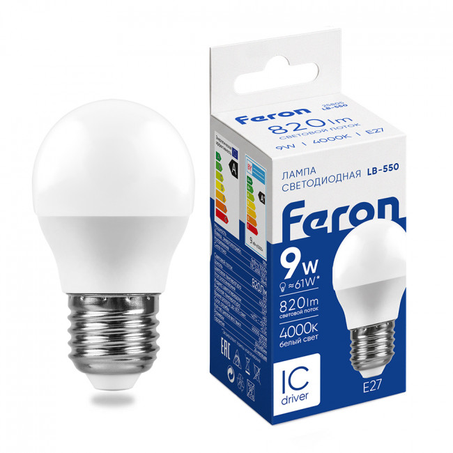 Лампа светодиодная Feron LB-550 Шарик E27 9W 175-265V 4000K, артикул FERON 25805 Лампа светодиодная Feron LB-550 Шарик E27 9W 175-265V 4000K, артикул FERON 25805