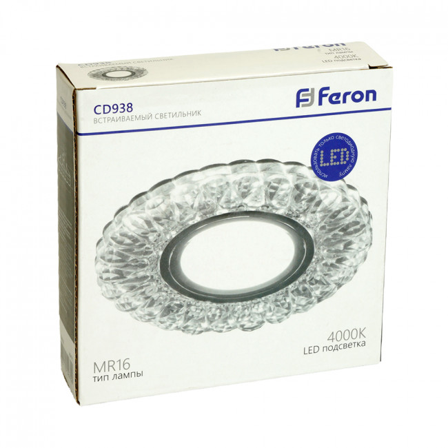 Светильник встраиваемый с белой LED подсветкой Feron CD938 потолочный MR16 G5.3 прозрачный, артикул FERON 29471 Светильник встраиваемый с белой LED подсветкой Feron CD938 потолочный MR16 G5.3 прозрачный, артикул FERON 29471
