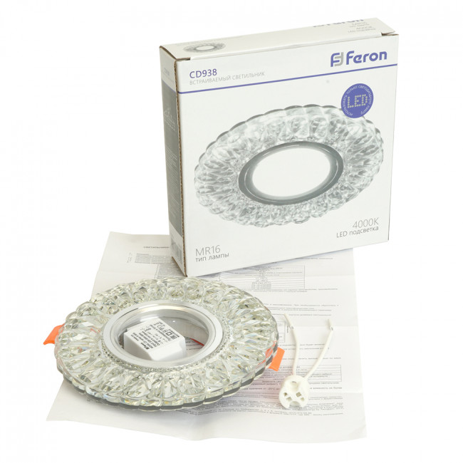 Светильник встраиваемый с белой LED подсветкой Feron CD938 потолочный MR16 G5.3 прозрачный, артикул FERON 29471 Светильник встраиваемый с белой LED подсветкой Feron CD938 потолочный MR16 G5.3 прозрачный, артикул FERON 29471