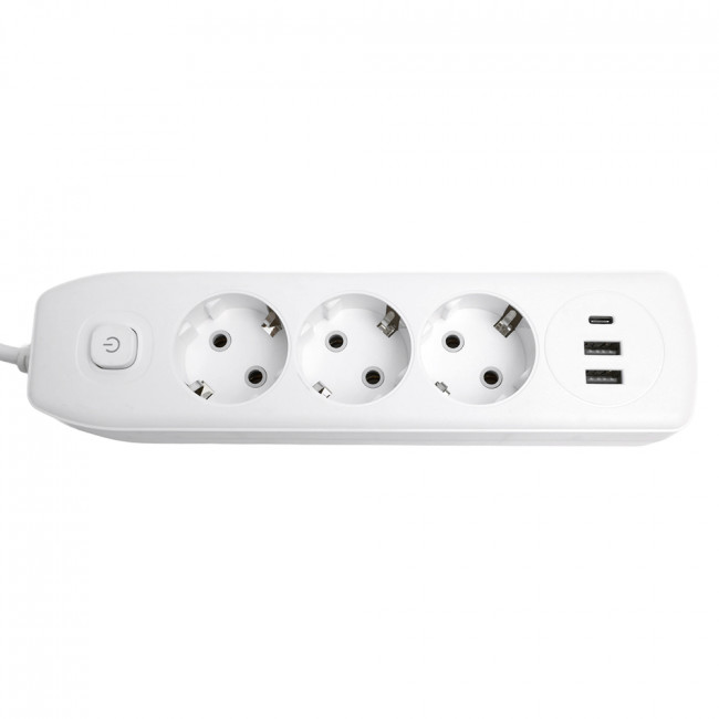 Удлинитель 3-местный c/з 3x1 мм2, 1,8 м, 250В, 10А, 2USB+1Type-C 2,4А, серия Home plus, белый STEKKER HM08-33-02, артикул STEKKER 49970