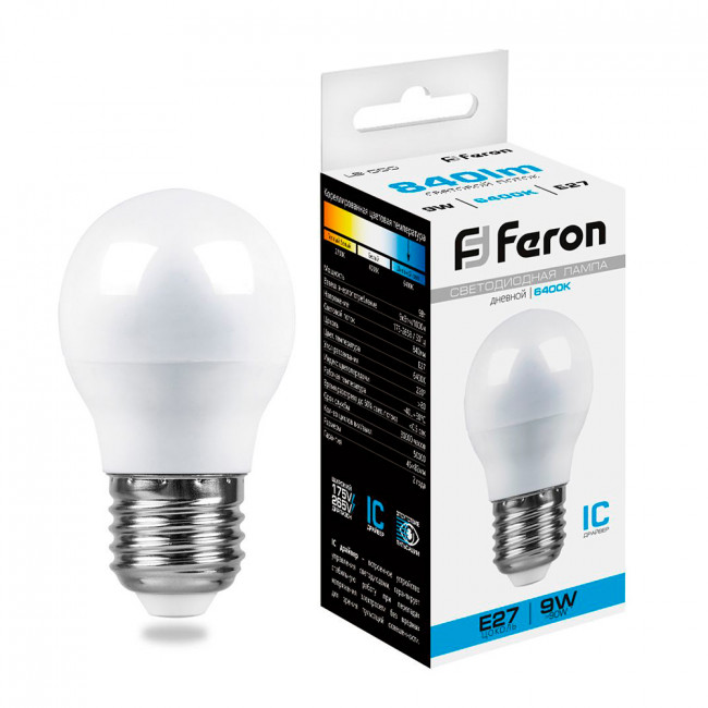 Лампа светодиодная Feron LB-550 Шарик E27 9W 175-265V 6400K, артикул FERON 25806 Лампа светодиодная Feron LB-550 Шарик E27 9W 175-265V 6400K, артикул FERON 25806