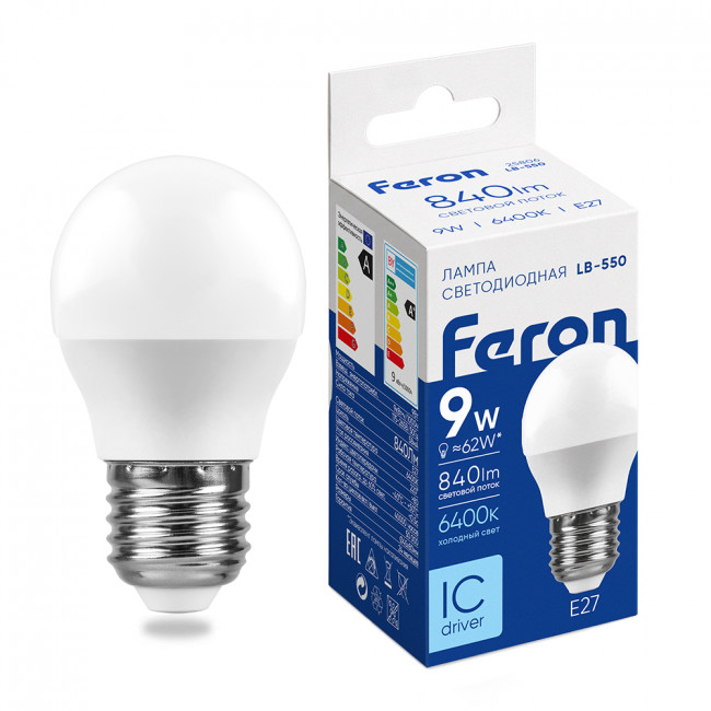 Лампа светодиодная Feron LB-550 Шарик E27 9W 175-265V 6400K, артикул FERON 25806
