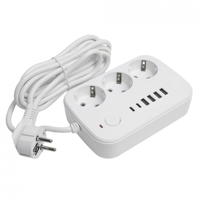 Удлинитель 3-местный c/з 3x1 мм2, 3 м, 250В, 10А, 4USB+2Type-C 2,4А, серия Home plus, белый STEKKER HM09-36-02, артикул STEKKER 49979