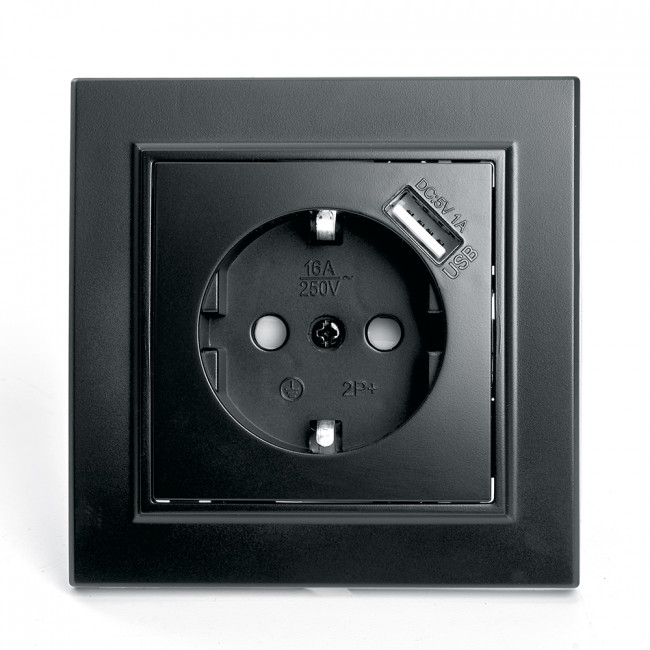 Розетка 1-местная c/з и с USB STEKKER, PST16-9011-03, 250В, 16А, с защитной шторкой, серия Эрна, черный, артикул STEKKER 39480
