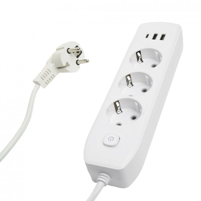 Удлинитель 3-местный c/з 3x1 мм2, 3 м, 250В, 10А, 2USB+1Type-C 2,4А, серия Home plus, белый STEKKER HM08-33-02, артикул STEKKER 49977