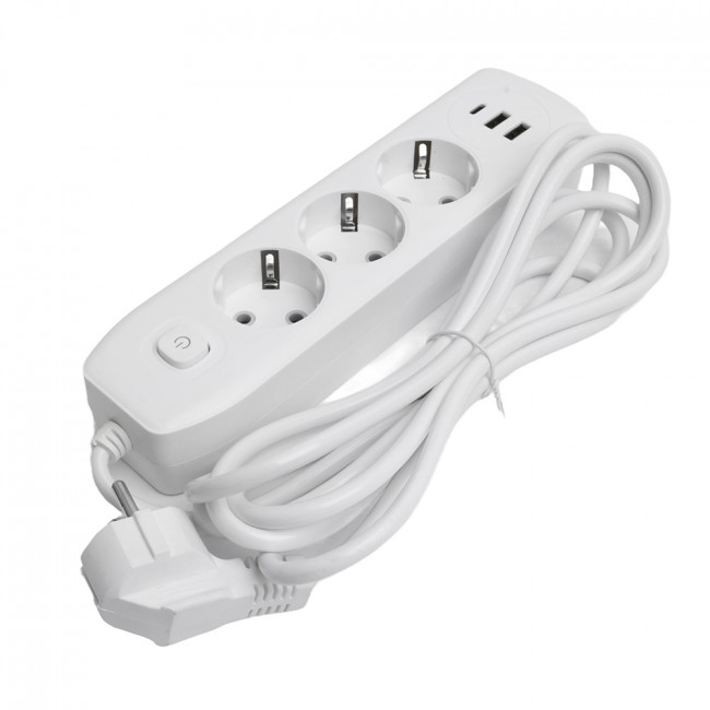 Удлинитель 3-местный c/з 3x1 мм2, 3 м, 250В, 10А, 2USB+1Type-C 2,4А, серия Home plus, белый STEKKER HM08-33-02, артикул STEKKER 49977
