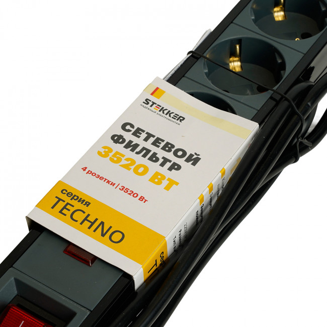 Сетевой фильтр 3-местный с/з STEKKER 3x1мм2, 1,8 м, 220В, 16А, серия Techno, HM22-31-02, черный, артикул STEKKER 50153 Сетевой фильтр 3-местный с/з STEKKER 3x1мм2, 1,8 м, 220В, 16А, серия Techno, HM22-31-02, черный, артикул STEKKER 50153