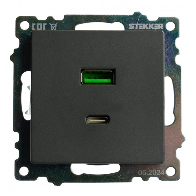 Розетка 2-местная USB + type C (механизм), 250В, 3А, max 20W, серия Катрин, графит, GLS10-7116-06, артикул STEKKER 50052