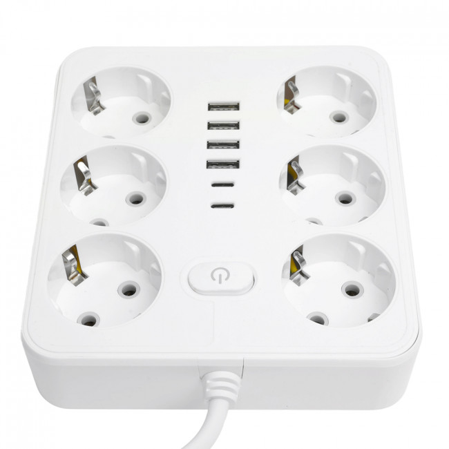 Удлинитель 6-местный c/з 3x1 мм2, 1,8 м, 250В, 10А, 4USB+2Type-C 2,4А, серия Home plus, белый STEKKER HM09-66-02, артикул STEKKER 49975