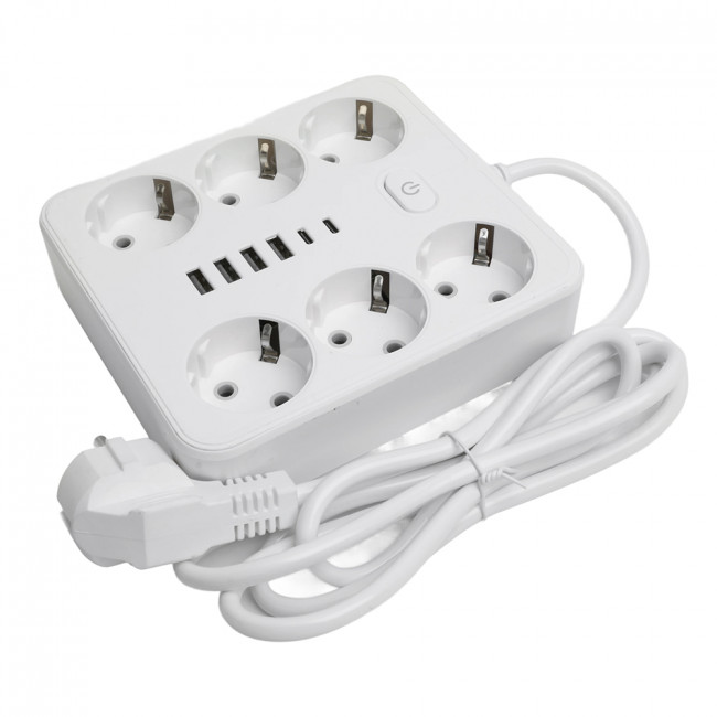 Удлинитель 6-местный c/з 3x1 мм2, 1,8 м, 250В, 10А, 4USB+2Type-C 2,4А, серия Home plus, белый STEKKER HM09-66-02, артикул STEKKER 49975