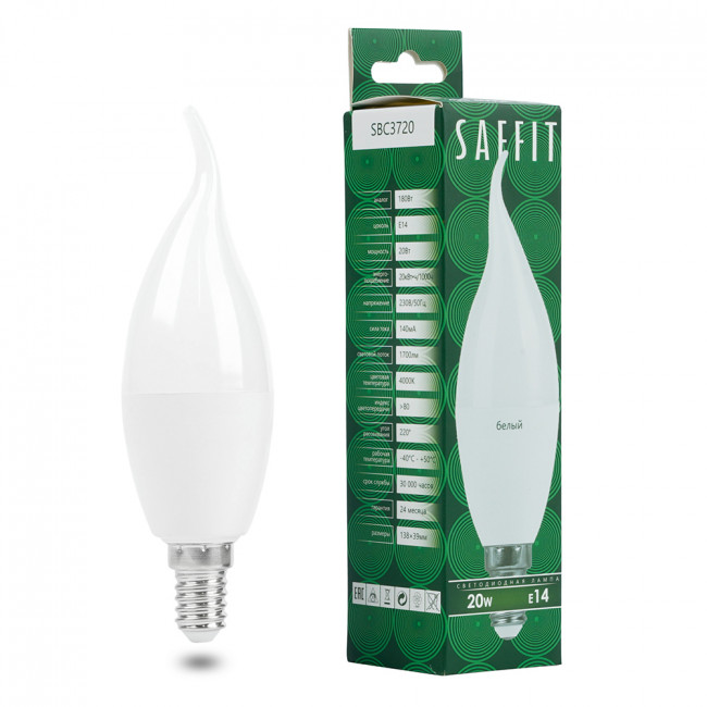 Лампа светодиодная SAFFIT SBC3720 Свеча на ветру E14 20W 230V 4000K, артикул SAFFIT 55275