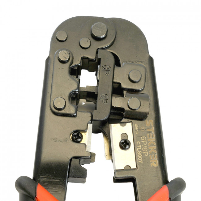 Кримпер STEKKER CTLS007 для обжима RJ разъемов RJ-45 (8P8C), RJ-12 (6P6C) и RJ-11 (6P4C и 6P2C), черный, красный, артикул STEKKER 49613