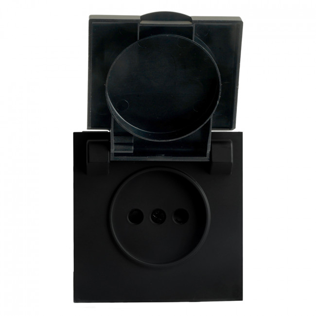 RST16-5113-05 Розетка 1-местная с крышкой с защ. штор STEKKER, б/з, IP42, 250В, 16А, серия Эмили, RST16-5113-05, черный уголь, soft touch, артикул STEKKER 49852