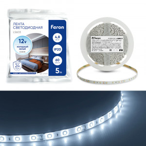 Светодиодная LED лента Feron LS603, 60SMD(2835)/m 4.8W/m 12V 5m 6500К