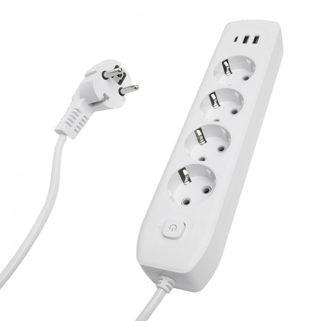 Удлинитель 4-местный c/з 3x1 мм2, 1,8 м, 250В, 10А, 2USB+1Type-C 2,4А, серия Home plus, белый STEKKER HM08-43-02, артикул STEKKER 49971
