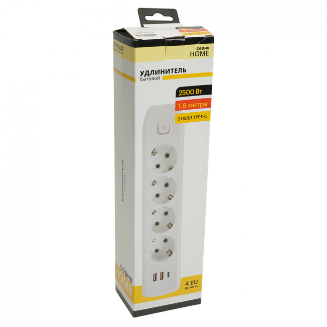 Удлинитель 4-местный c/з 3x1 мм2, 1,8 м, 250В, 10А, 2USB+1Type-C 2,4А, серия Home plus, белый STEKKER HM08-43-02, артикул STEKKER 49971