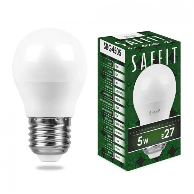Лампа светодиодная SAFFIT SBG4505 Шарик E27 5W 230V 4000K, артикул SAFFIT 55026