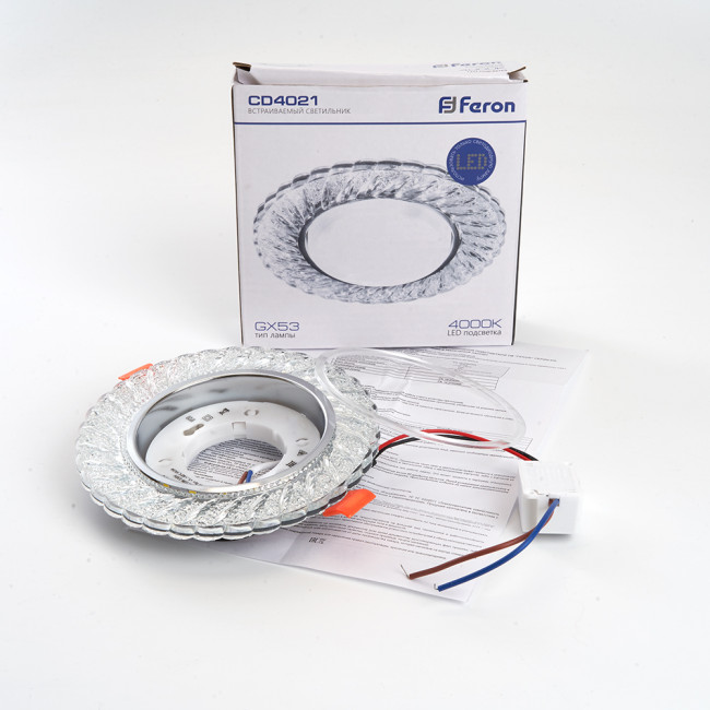Светильник встраиваемый с белой LED подсветкой Feron CD4021 потолочный GX53 без лампы прозрачный, артикул FERON 29474