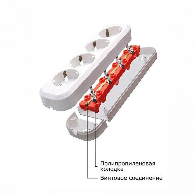 Розетка (колодка) переносная разборная 4-местная с/з STEKKER, PST16-410-20, с выключателем, 250В, 16A, IP20, белый, артикул STEKKER 39015