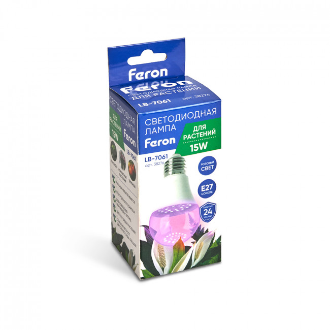 Лампа светодиодная для растений А60 Feron LB-7061 E27 15W 175-265V красно-синий спектр, артикул FERON 38276 Лампа светодиодная для растений А60 Feron LB-7061 E27 15W 175-265V красно-синий спектр, артикул FERON 38276