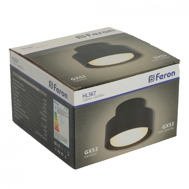 Светильник потолочный Feron HL367 Barrel AURA 12W, 230V, GX53, чёрный IP44, артикул FERON 48406 Светильник потолочный Feron HL367 Barrel AURA 12W, 230V, GX53, чёрный IP44, артикул FERON 48406