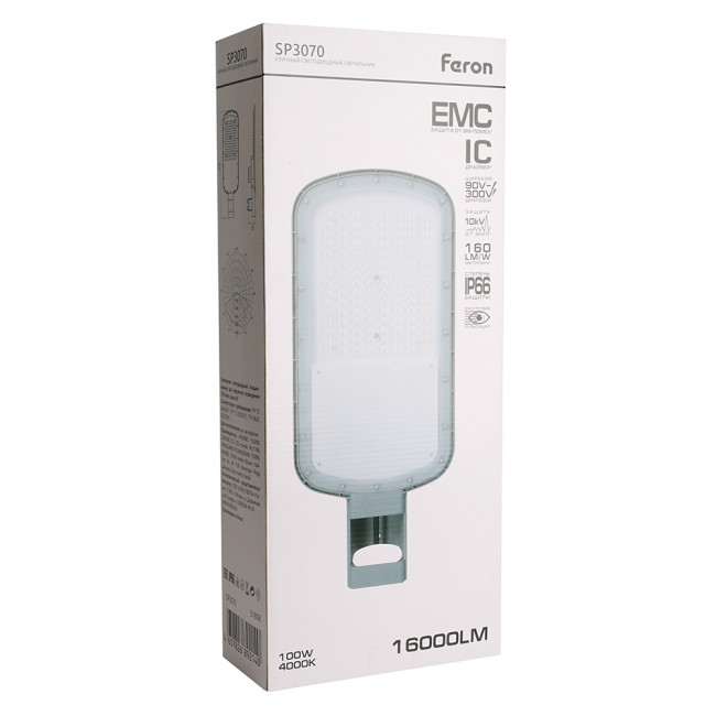 Светодиодный уличный консольный светильник Feron SP3070 100W 4000K AC90-300V, серый, артикул FERON 51808 Светодиодный уличный консольный светильник Feron SP3070 100W 4000K AC90-300V, серый, артикул FERON 51808