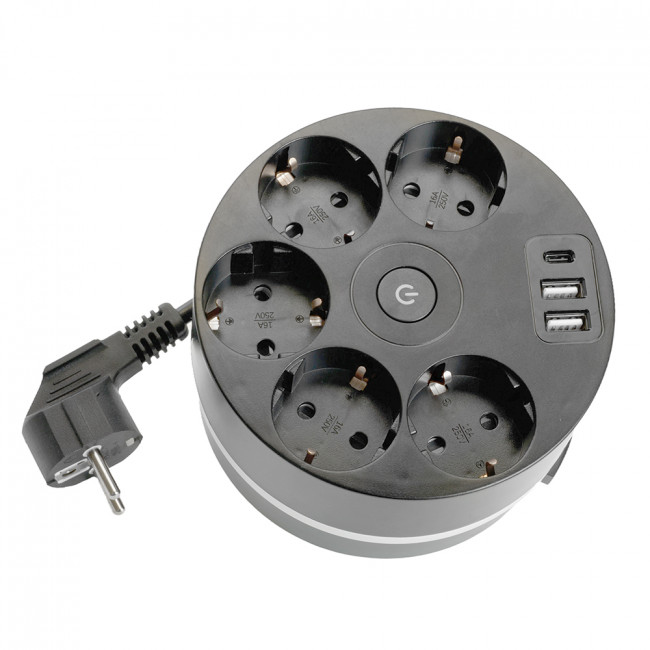 HM10-51-01 Удлинитель 5-местный с/з, 3x1мм2, 2.5м, 250В, 16А, 2USB+С 5V 3,1А, серия Comfort, черный, артикул STEKKER 49656