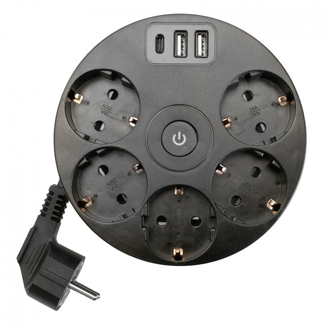 HM10-51-01 Удлинитель 5-местный с/з, 3x1мм2, 2.5м, 250В, 16А, 2USB+С 5V 3,1А, серия Comfort, черный, артикул STEKKER 49656