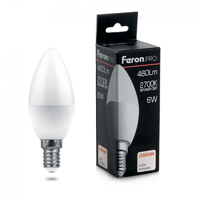 Лампа светодиодная Feron.PRO LB-1306 Свеча E14 6W 175-265V 2700K, артикул FERON 38044 Лампа светодиодная Feron.PRO LB-1306 Свеча E14 6W 175-265V 2700K, артикул FERON 38044