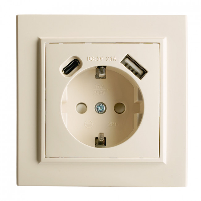 Розетка 1-местная с/з STEKKER, PST16-9016-02, 250В, 16А с USB+ type C, серия Эрна, слоновая кость, артикул STEKKER 50077 Розетка 1-местная с/з STEKKER, PST16-9016-02, 250В, 16А с USB+ type C, серия Эрна, слоновая кость, артикул STEKKER 50077