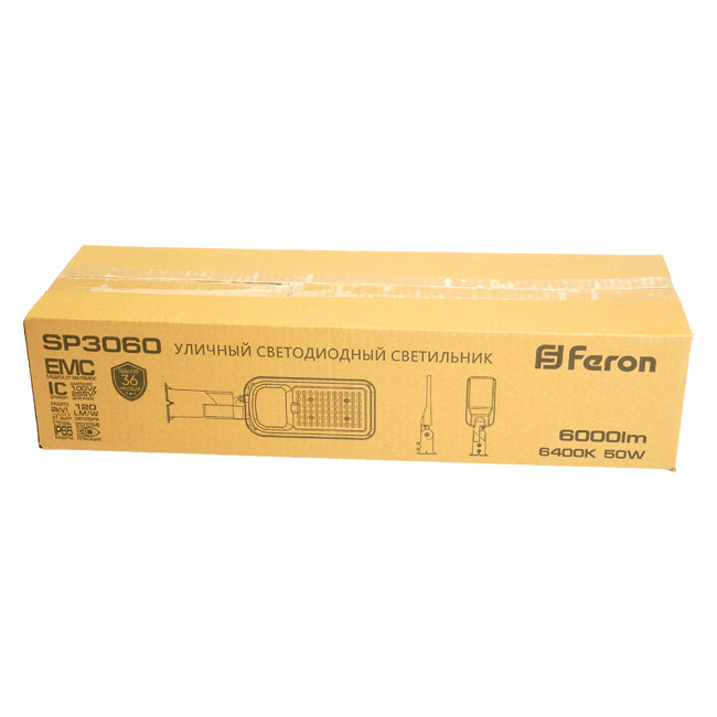 Светодиодный уличный консольный светильник Feron SP3060 50W 6400K 100-265V/50Hz, серый, артикул FERON 48762