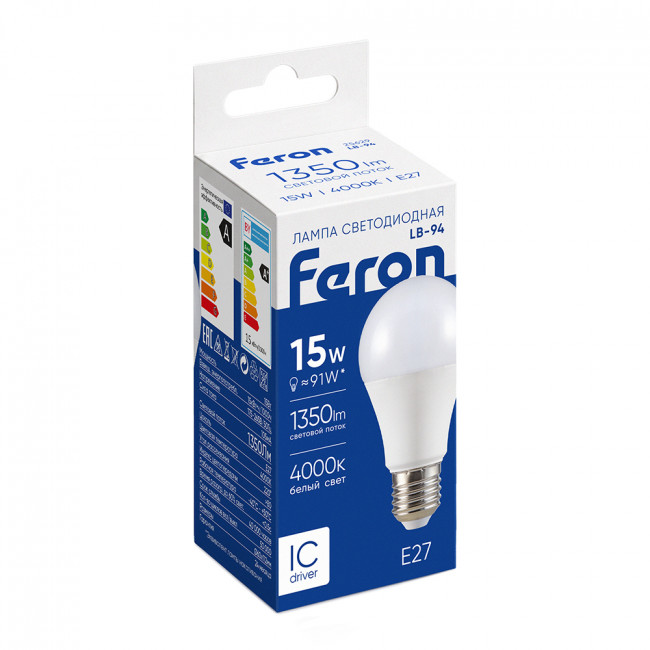 Лампа светодиодная Feron LB-94 Шар E27 15W 175-265V 4000K, артикул FERON 25629 Лампа светодиодная Feron LB-94 Шар E27 15W 175-265V 4000K, артикул FERON 25629