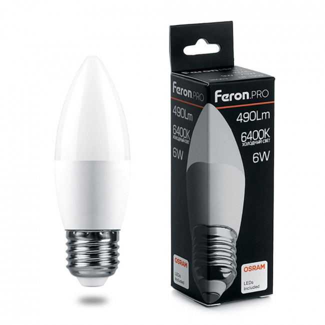 Лампа светодиодная Feron.PRO LB-1306 Свеча E27 6W 175-265V 6400K, артикул FERON 38052