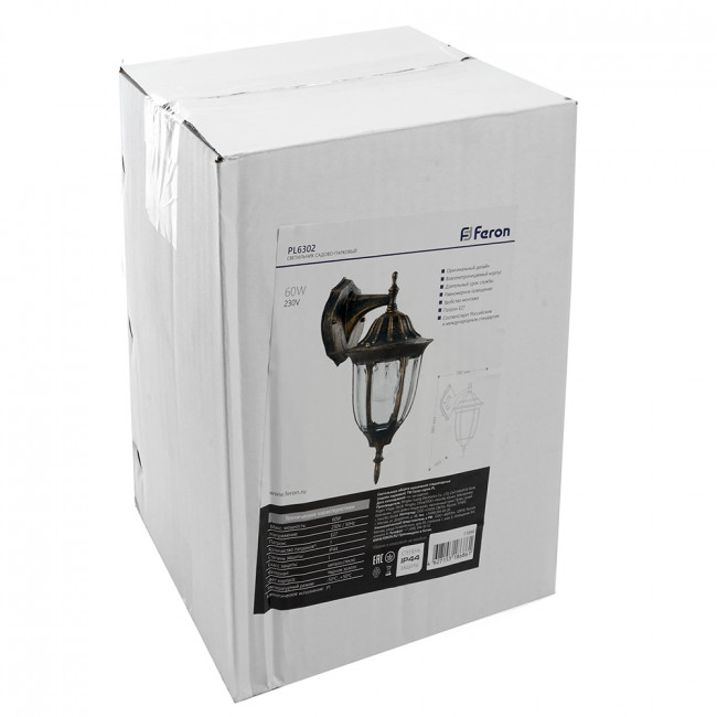 Светильник садово-парковый Feron PL6302 шестигранный на стену вниз 60W 230V E27, черное золото, артикул FERON 11898 Светильник садово-парковый Feron PL6302 шестигранный на стену вниз 60W 230V E27, черное золото, артикул FERON 11898