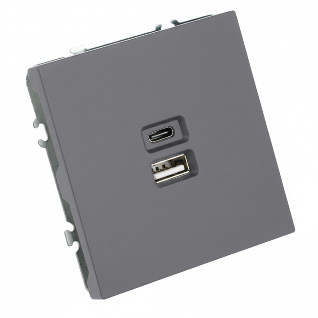 Розетка 2-местная USB + Type C (механизм), STEKKER, 250В, 20W, серия Эмили, RST10-5115-10, платиново-серый, soft touch, артикул STEKKER 49957